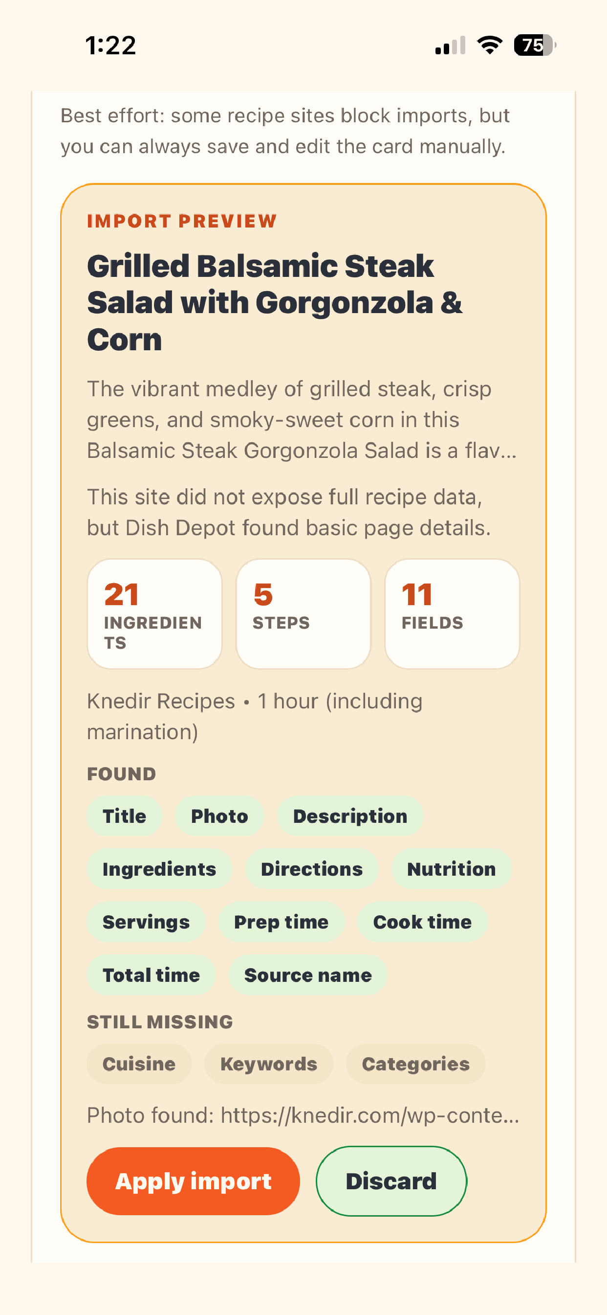 Dish Depot recipe detail screen showing collection controls and recipe details