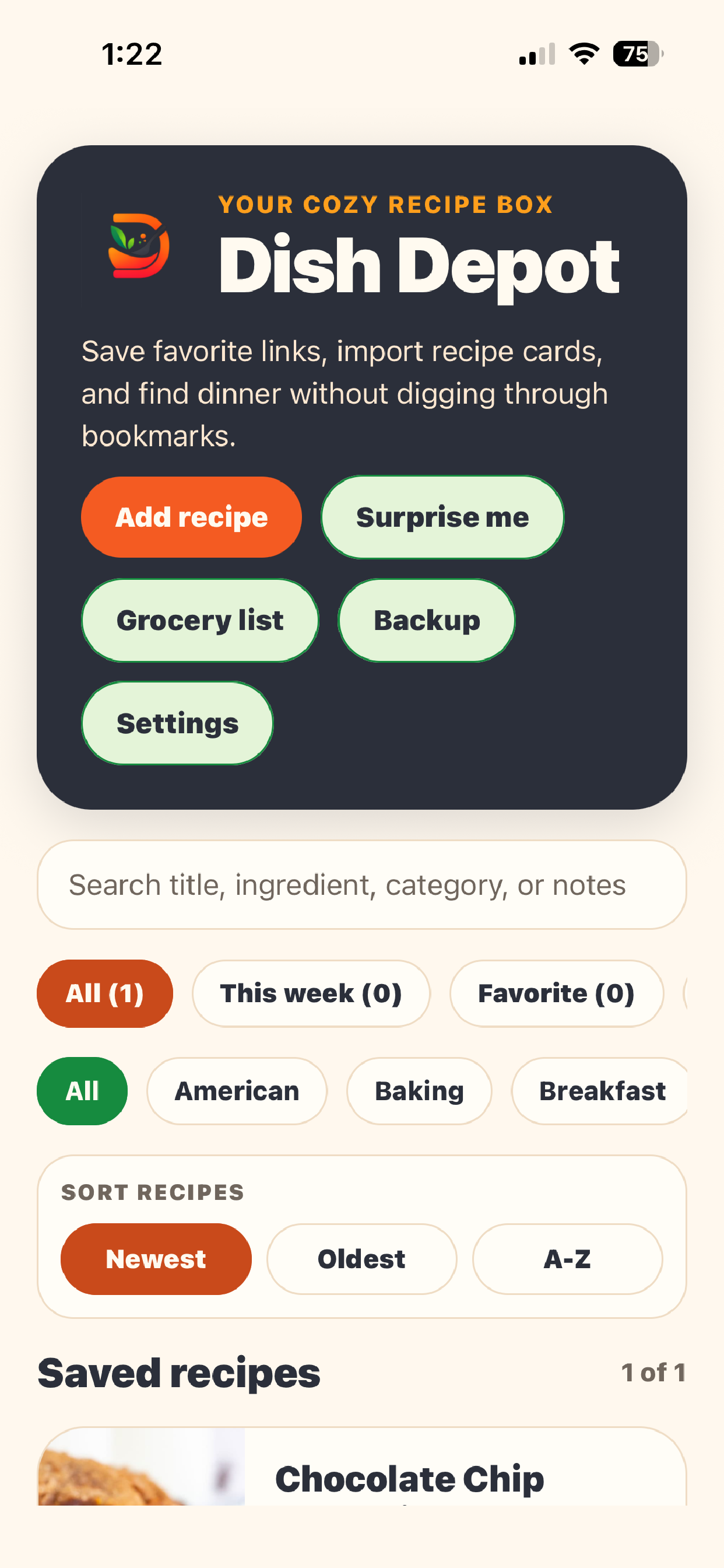 Dish Depot add or edit recipe screen